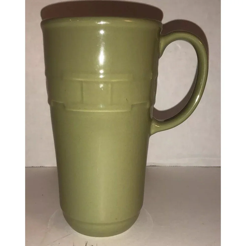 Longaberger Vitrified Pottery Green Coffee Mug Basket Weave Design 6 1/4